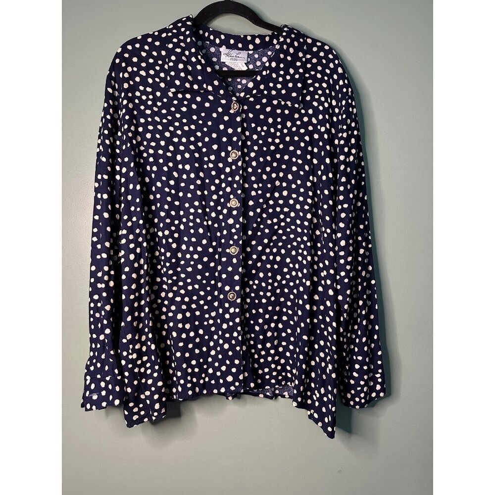 Kathy Lee 24W Navy Ivory Polka Dot Blouse Cottagecore Academia Y2K Vintage retro